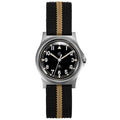 Front view of an Rdunae RA01 field watch with black dial, silver-tone case, and black-and-tan striped nylon strap on white