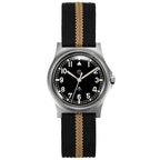 Front view of an Rdunae RA01 field watch with black dial, silver-tone case, and black-and-tan striped nylon strap on white