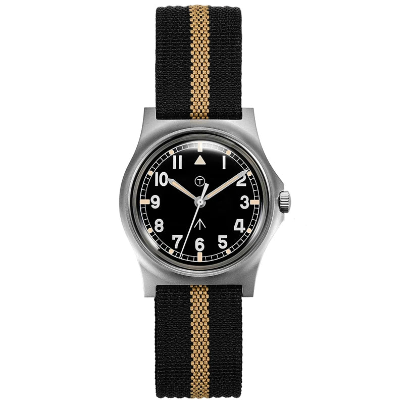 Front view of an Rdunae RA01 field watch with black dial, silver-tone case, and black-and-tan striped nylon strap on white