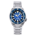 Front view of a Heimdallr SKX007 dive watch with blue textured dial and bezel and silver-tone bracelet on white