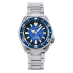 Front view of a Heimdallr SKX007 dive watch with blue textured dial and bezel and silver-tone bracelet on white