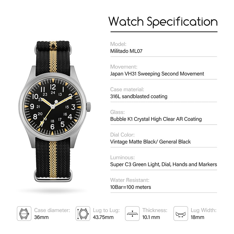 US Pre-Owned Militado VH31 36mm Field Watch ML07