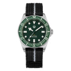 Front view of a Watchdives EXD diver watch with green dial and bezel and black-and-gray nylon strap on white