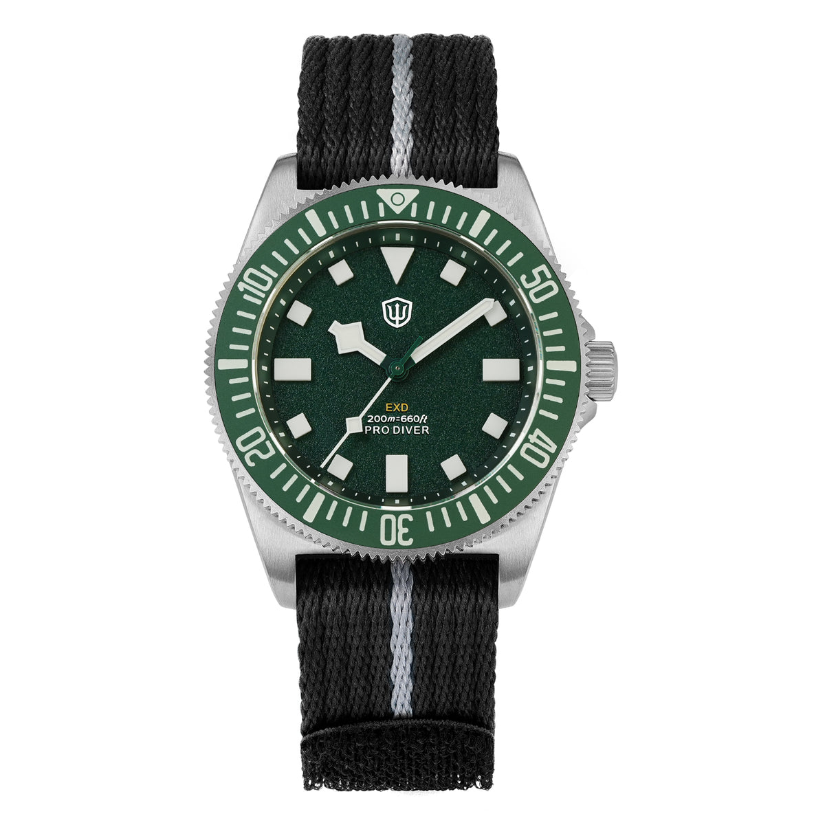 Front view of a Watchdives EXD diver watch with green dial and bezel and black-and-gray nylon strap on white