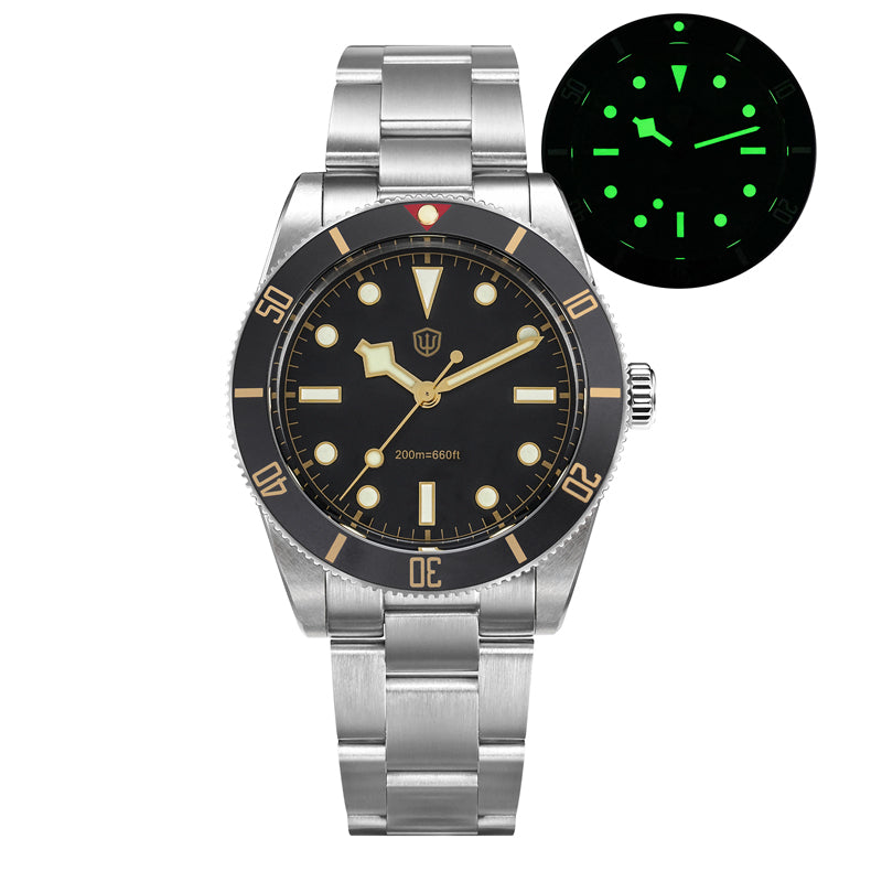 Front view of a Watchdives WD7922 dive watch with black dial and bezel, metal bracelet, and inset lume display on white